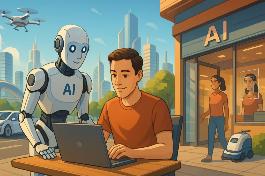 AI robot assisting a man on a laptop in a smart city environment with facial recognition and drones in the background