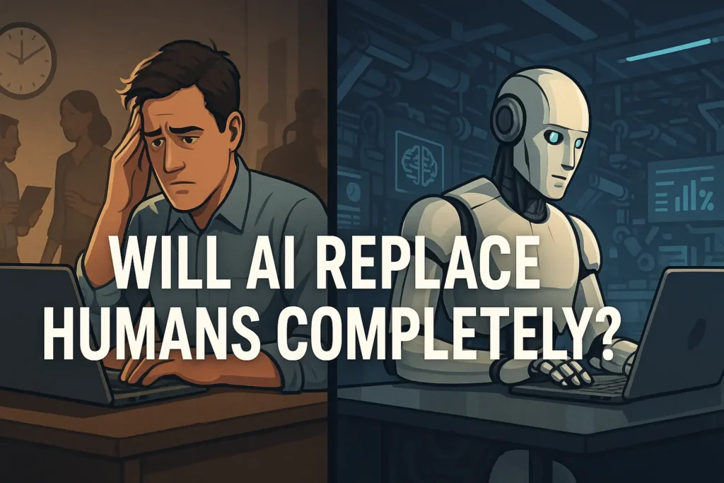A worried man working on a laptop beside an AI robot, highlighting the fear of AI replacing humans