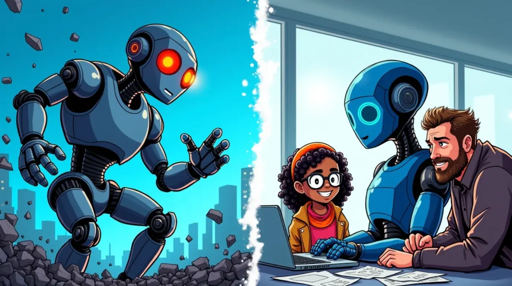 Comic-style split panel showing two sides of AI: one as a destructive robot, the other as a friendly assistant helping a child and adult at a computer